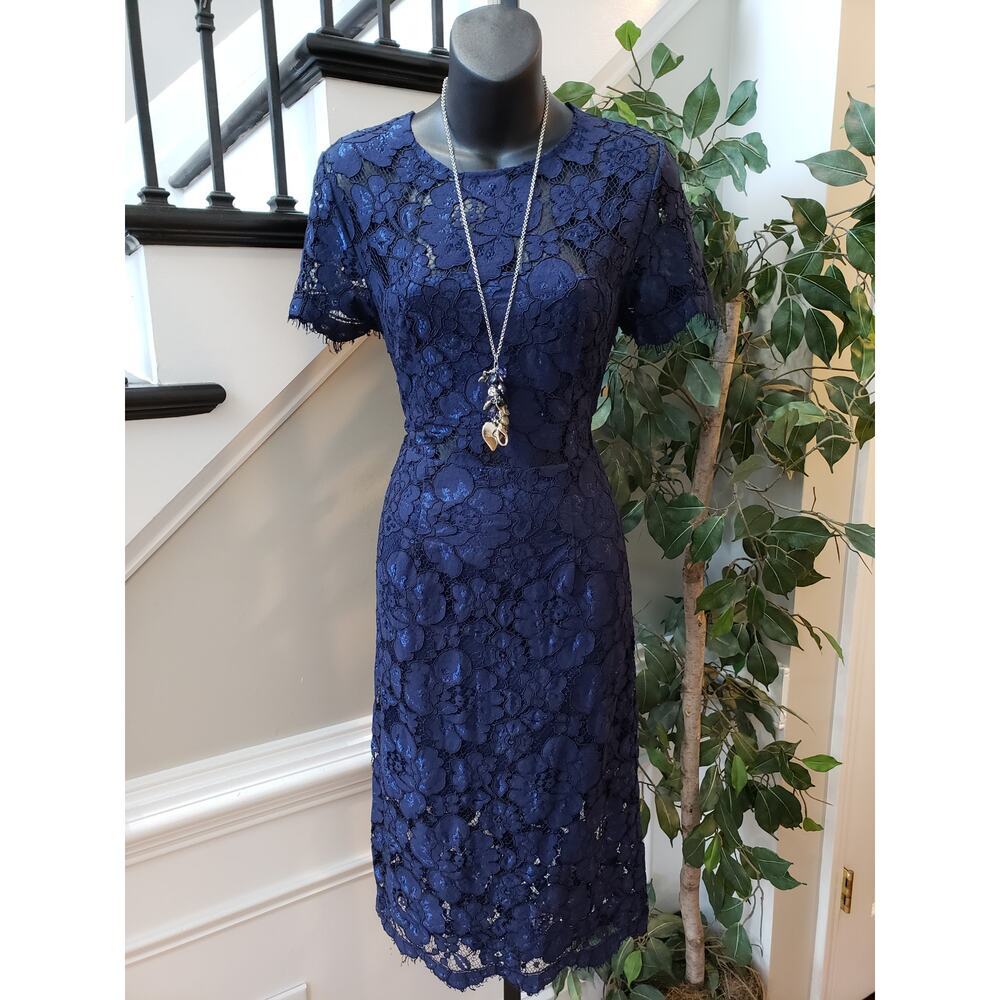 NSR Fit & Flare Dress Women Medium Blue Floral Overlay Lined Fringe Keyhole Back